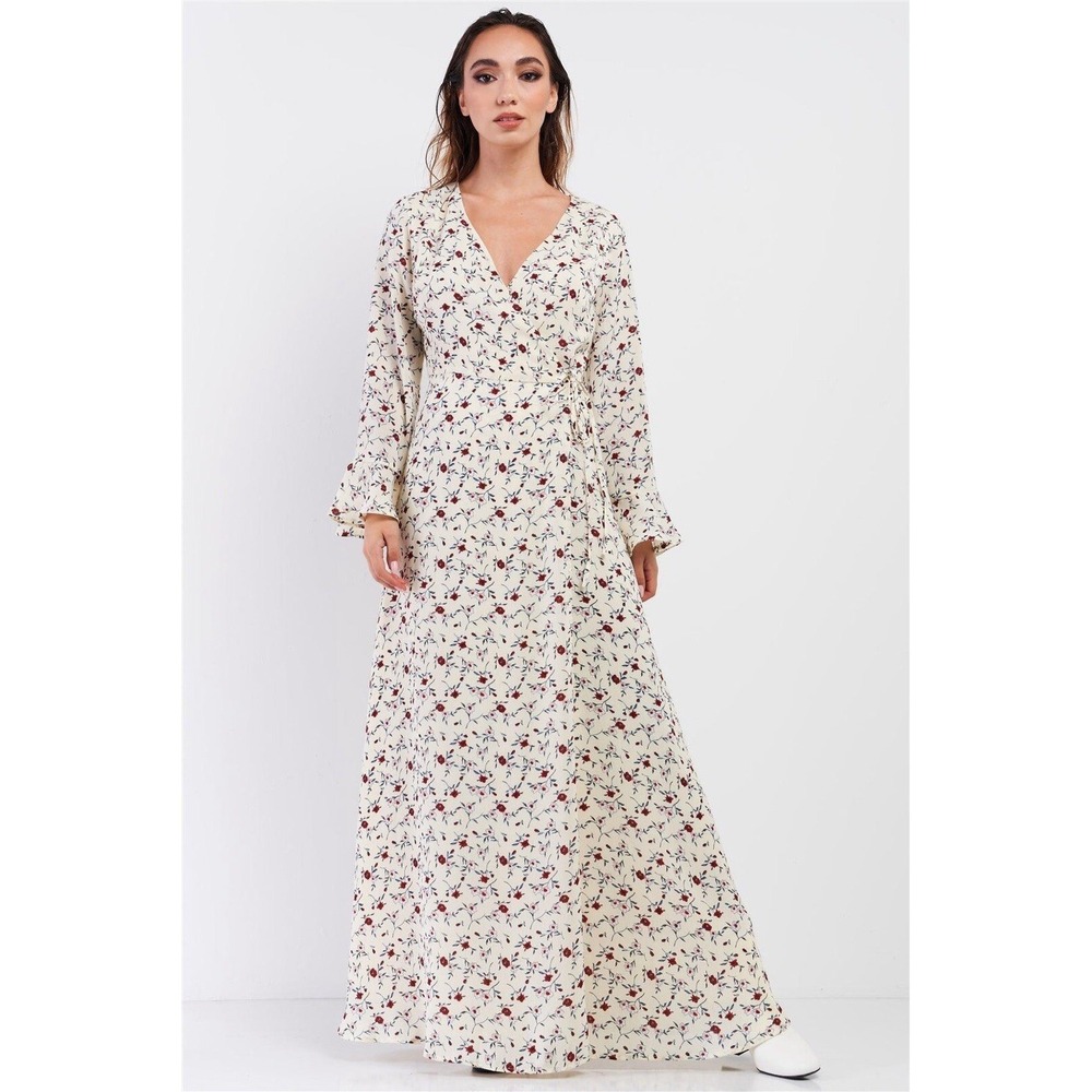 Sugar Lips Cream Floral Print Wrap Maxi‎ Dress Long Sleeve Flare Hem Sz Medium